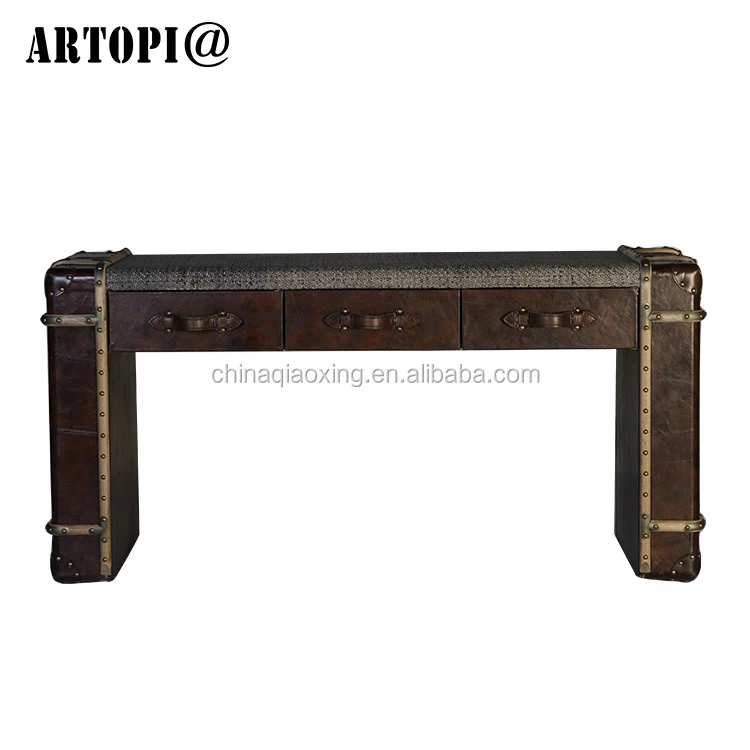 Vintage hall furniture leather rattan mat design console table with 3 drawers