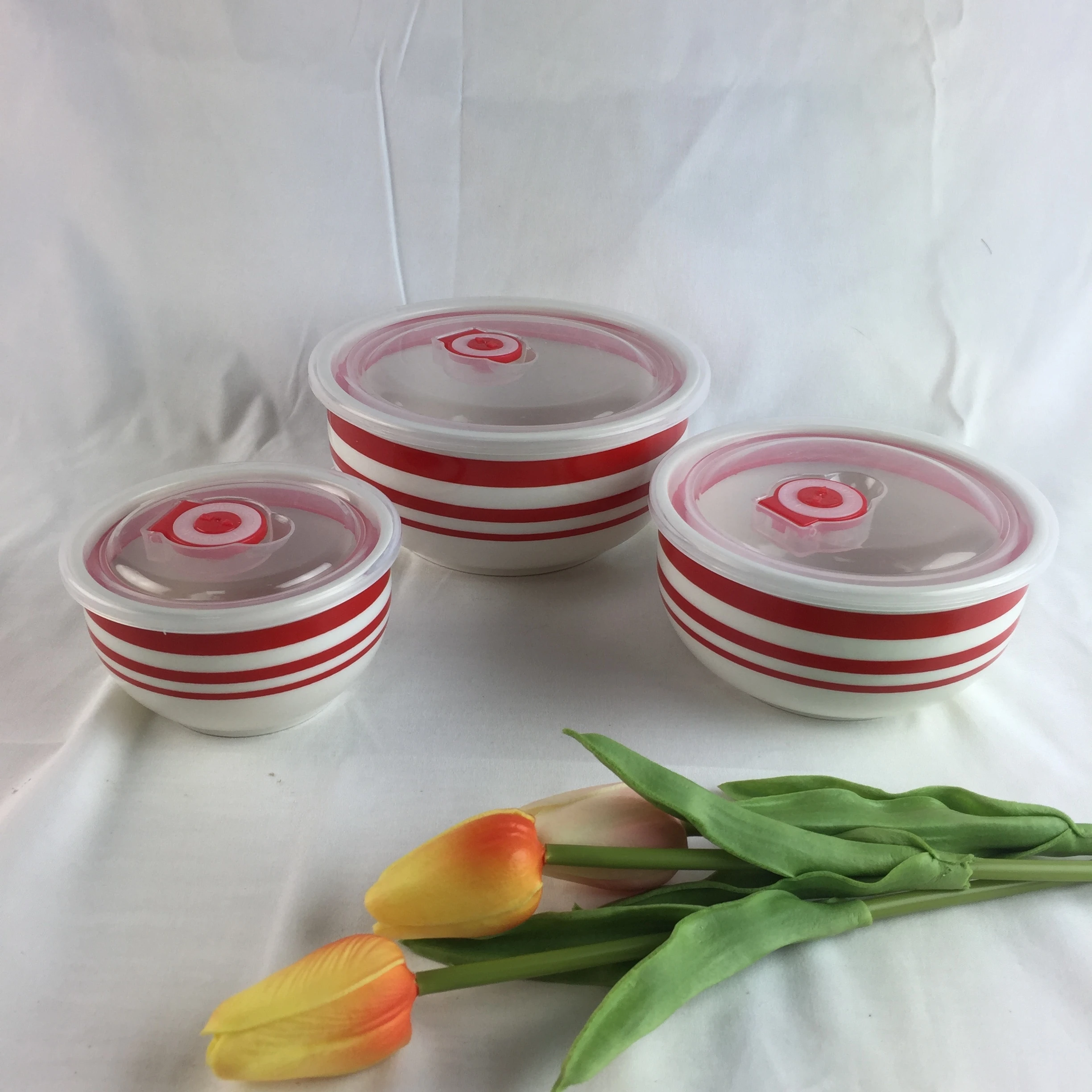 3 Piece Ceramic Bowl Set With Lid Soup Bowl With Plastic Lid Decal