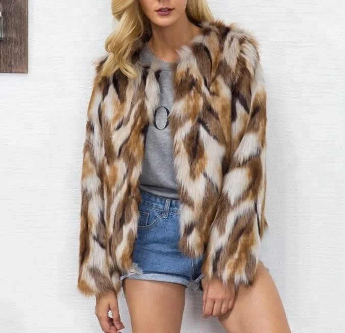 

Mixed Color Design Short Faux Fur Coat Personality Ladies Top, Yellow