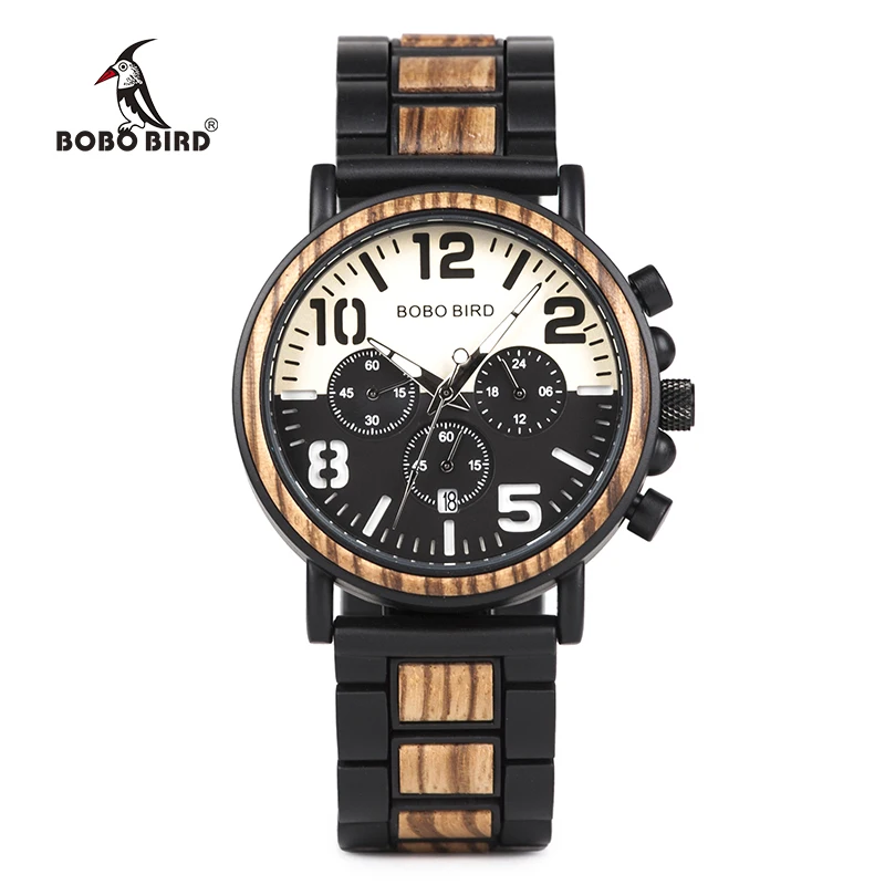

2019 BOBO BIRD Wooden Clock Luxury Chronograph Watch with OEM brand, Black