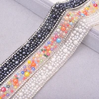 

White Black Colorful Pearl Trim Rhinestone Chain Crystal Fabric Applique Diamond Strip Ribbon Strass Banding