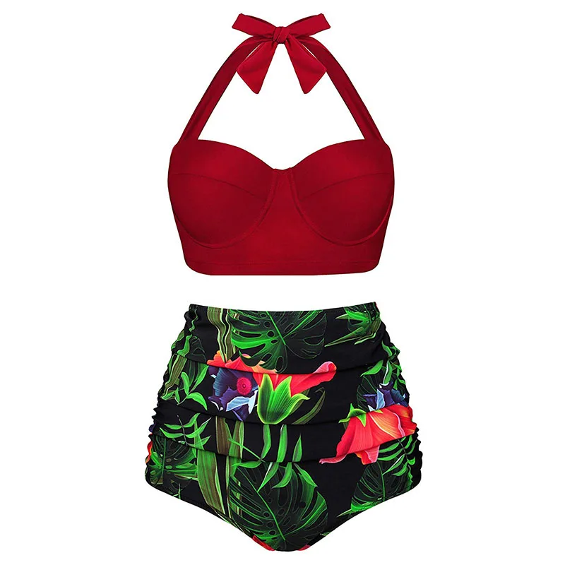 

2019 Hot Sale Polyester 2 Piece Swimsuits For Girls Backless Off Shoulder Printed Swimwear Bathing Suits Factory, Colorful