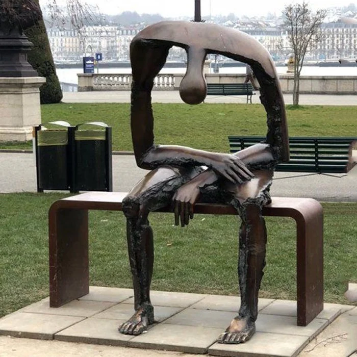 Bronze Garden Sitting on Bench Abstract Man Sculpture
