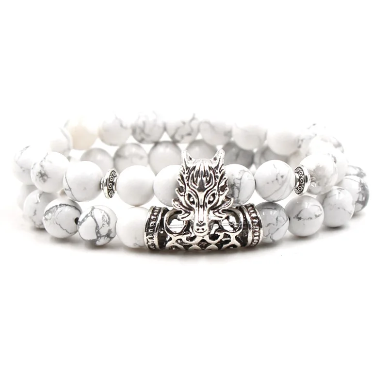 

High Quality Natural White Howlite Bead Silver Dragon Head Charm Bracelets Set, N/a