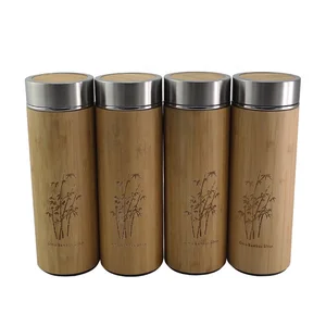 Image of Natural eco-friendly Stainless Steel Water Bottle Insulated Bamboo wooden Tea coffee travel Tumbler Mug