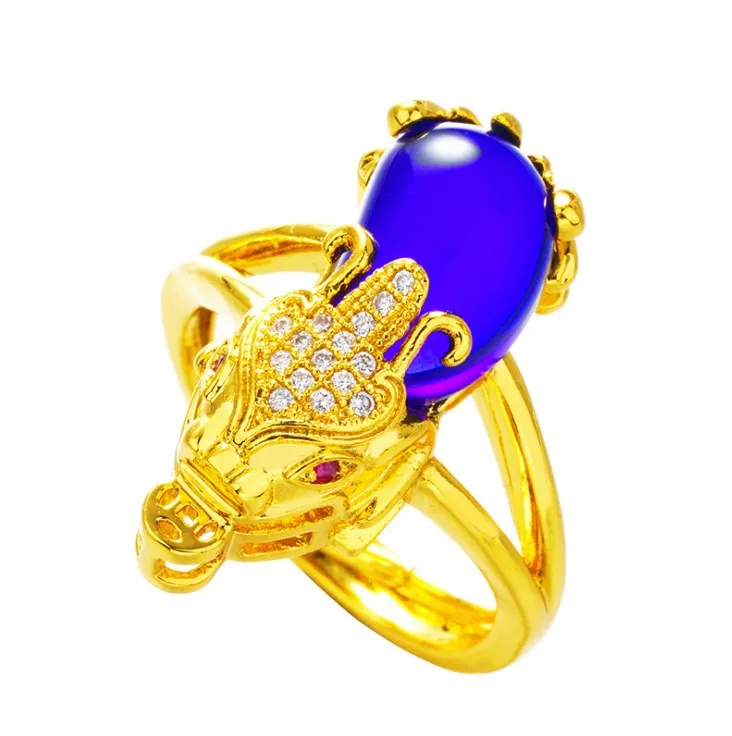 

XSJ001 Gold Plated Wealth Pixiu Ring with Agate Crystal Opening Adjustable Luck Mascot Ring For Men Women