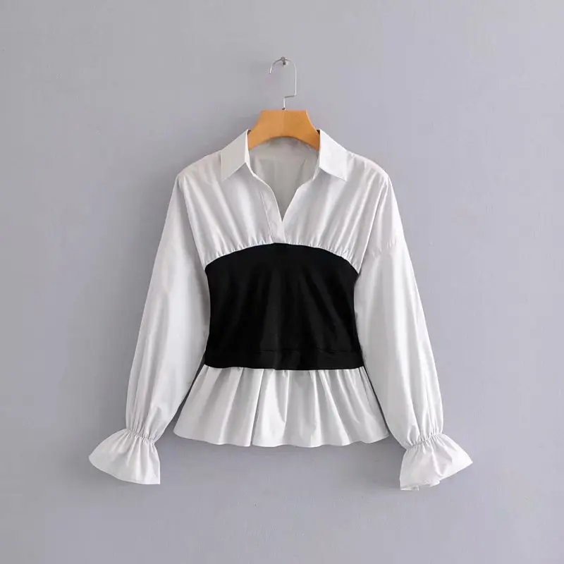 

Korean style slim fit office lady blouse long sleeve cotton patchwork spring/autumn tops