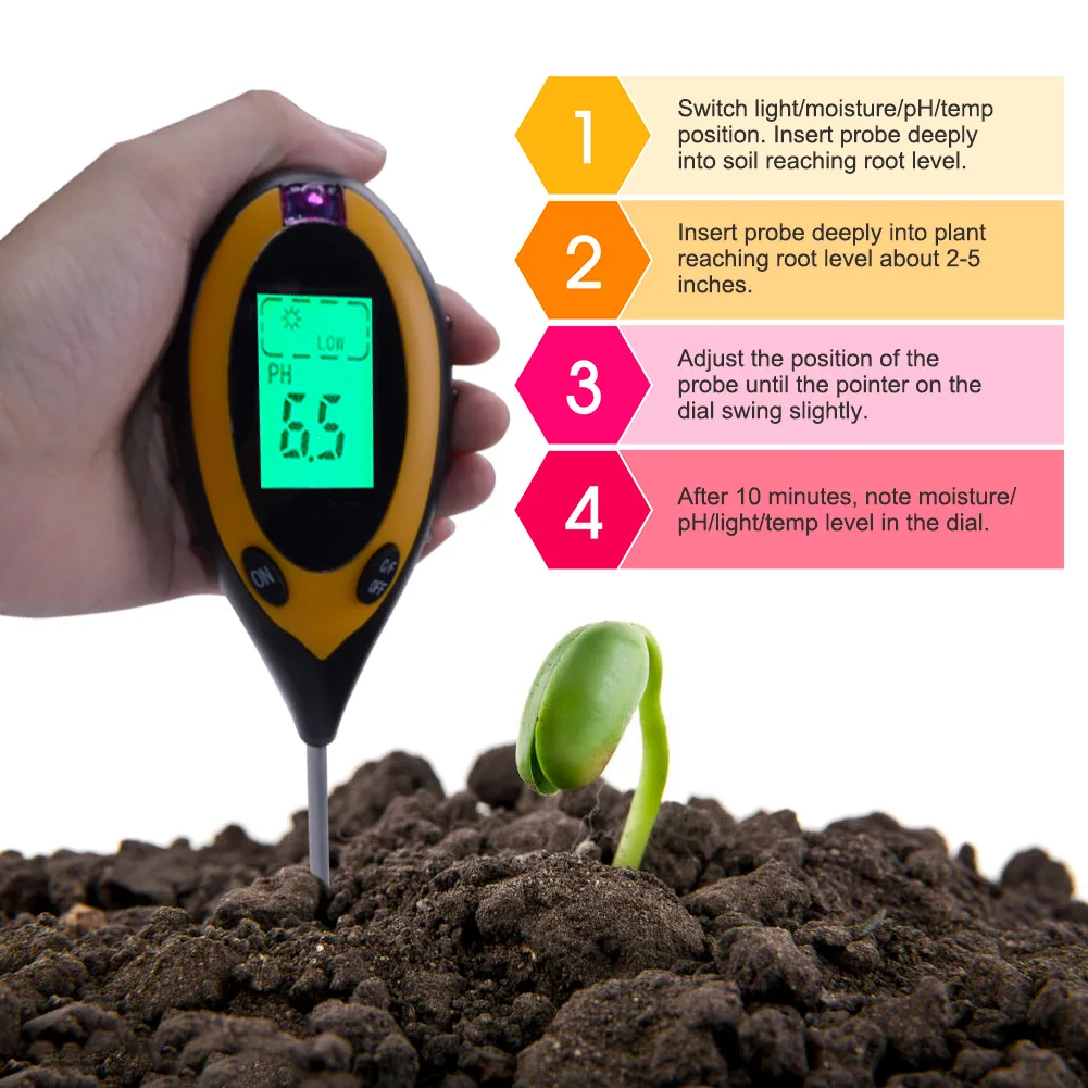 Hot Sale Digital 4 in 1 Soil PH Meter Professional LCD Display Temperature Moisture Sunlight PH Garden Plants Soil Tester Meter
