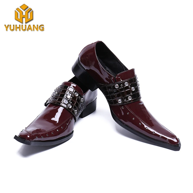 

Lacquer leather men's dress shoes loafers shoes with luxury straps, Wine red