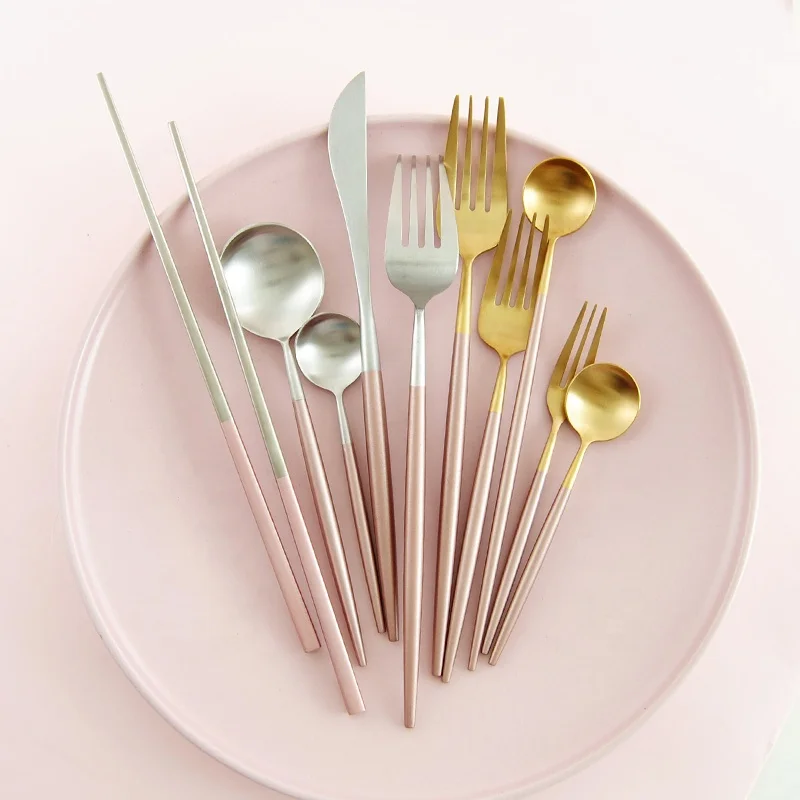 

Free sample stainless steel Portugal style flatware tableware pink gold cutlery for wedding, Gold with pink handle