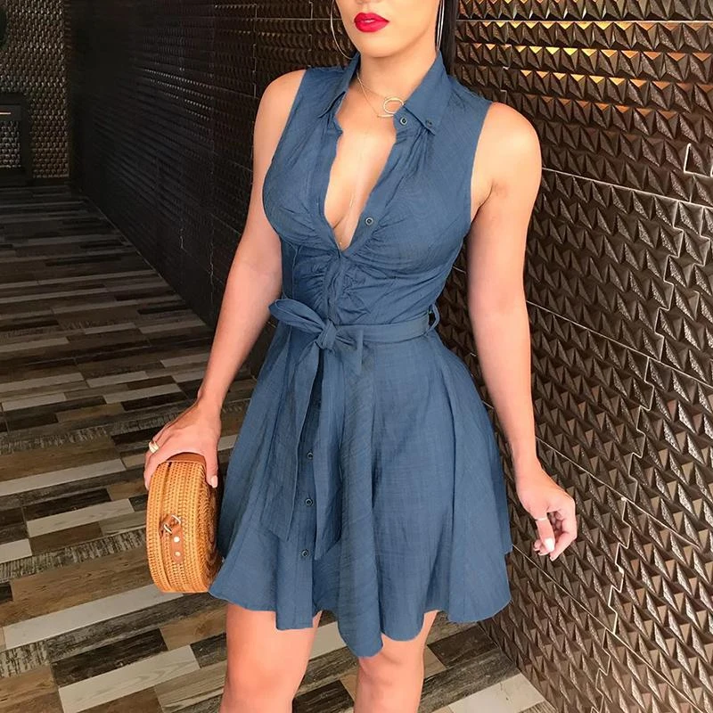 

LZH2244 Sleeveless V-Neck Tie Waist Shirt Dress Self Belted Dresses
