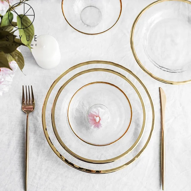 

New Design Gold Rim Clear Glass Charger Plates Dinnerware 1644, Gilt