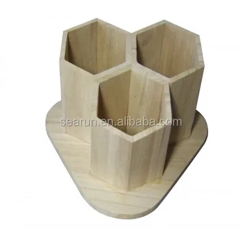 Custom 3 Slot Wood Desk Tidy Plain Wooden Hexagonal Pencil
