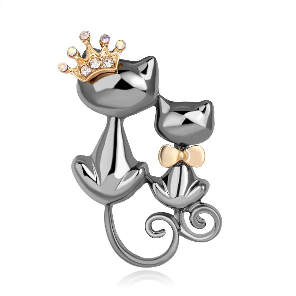 

Two tone animal brooches cute two cat brooches with crystal crowm
