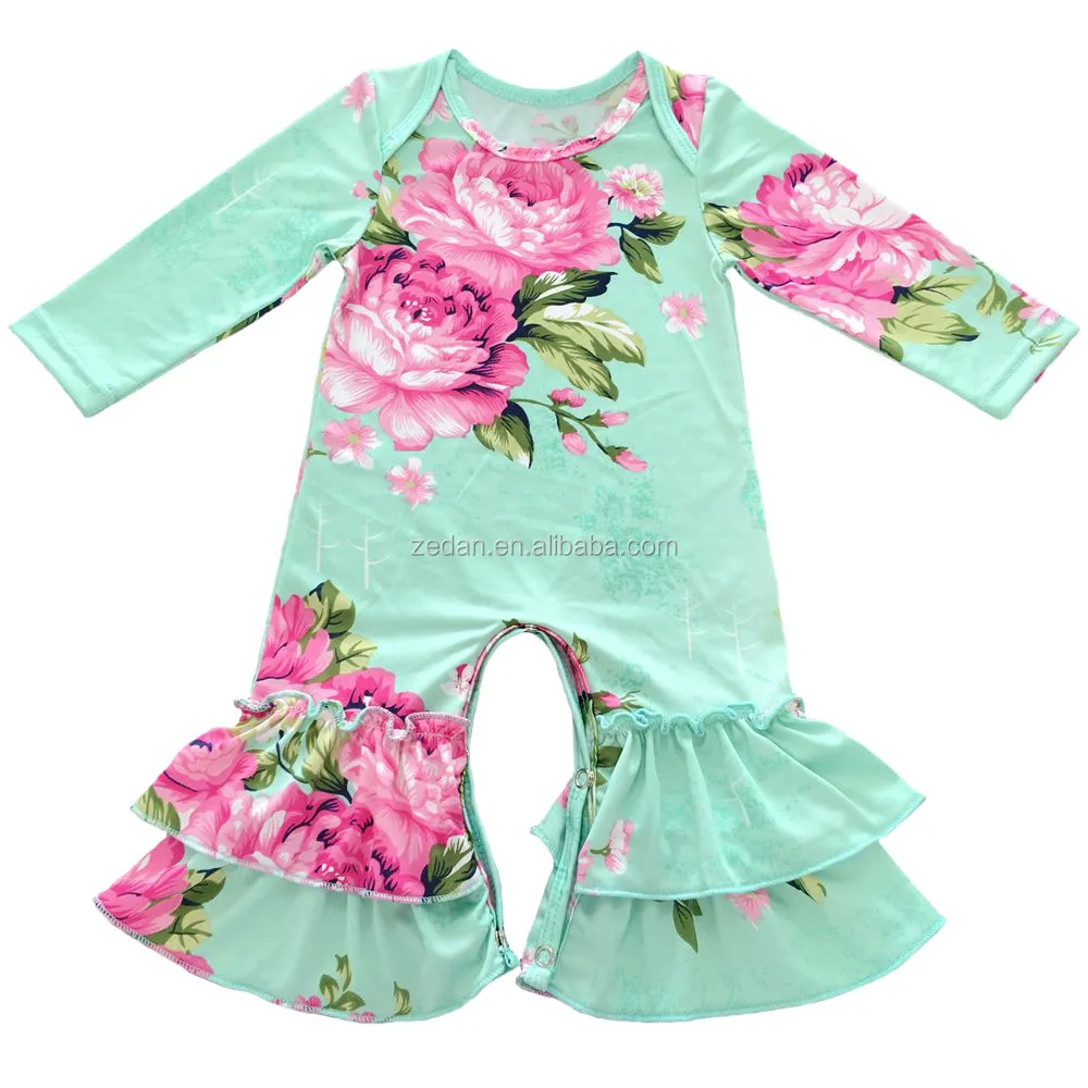 

Wholesale onesie baby romper long sleeve overall jumpsuit blue pink floral ruffle raglan icing romper, Picture