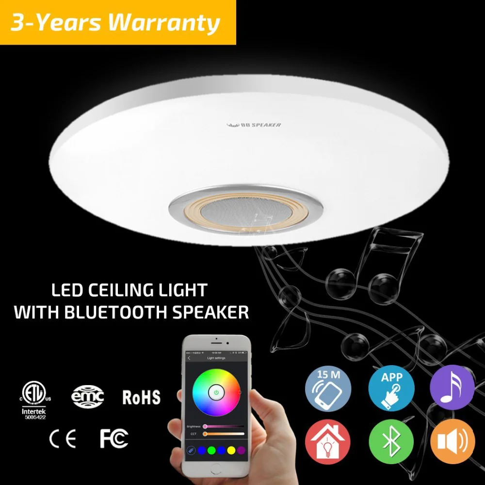 Round Led Ceiling Light With Bluetooth Speaker Smartphone App Dimmable