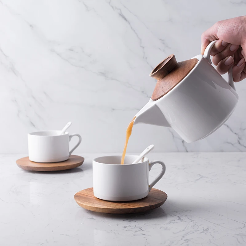 Japanese style stylish wooden lid porcelain tea set with teapot