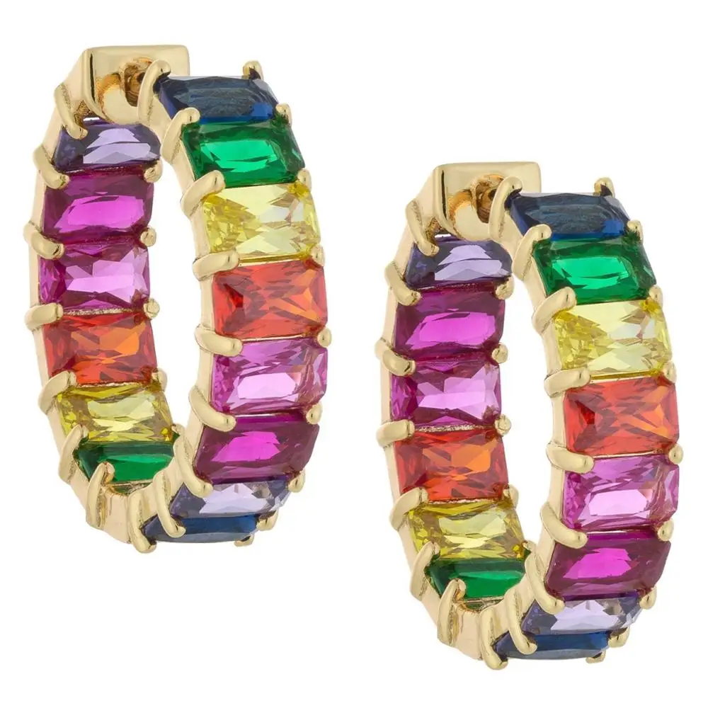 

18k gold plated silver eternity artificia rectangle rainbow huggie hoop earrings, N/a