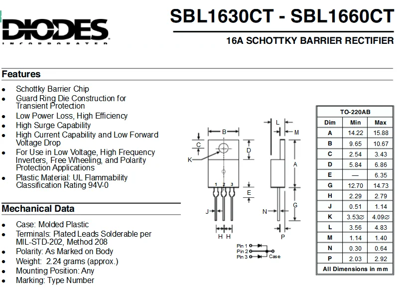 16A High Power SBL Series SBL1640CT Schottky Barrier Rectifiers Diodes ...