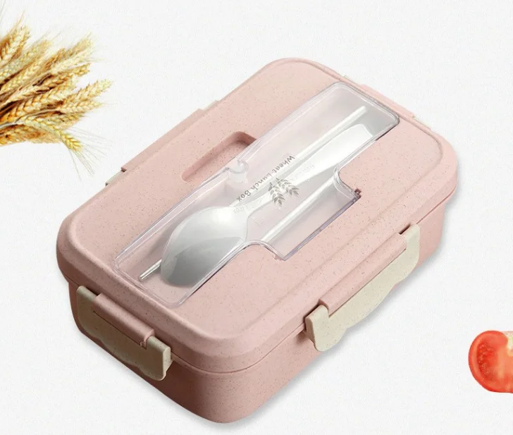 

Biodegradable Compartment Leak Proof portable wheat straw bento lunch box with stainless steel cutlery set food storage for kids, Blue&pink&green&customized