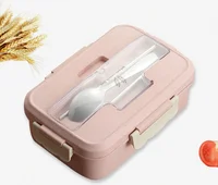 

Biodegradable Compartment Leak Proof portable wheat straw bento lunch box with stainless steel cutlery set food storage for kids