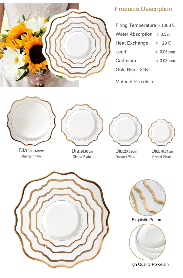 Wholesale Dubai Ceramic Gold Plates Porcelain Wedding Dinner Plates Set
