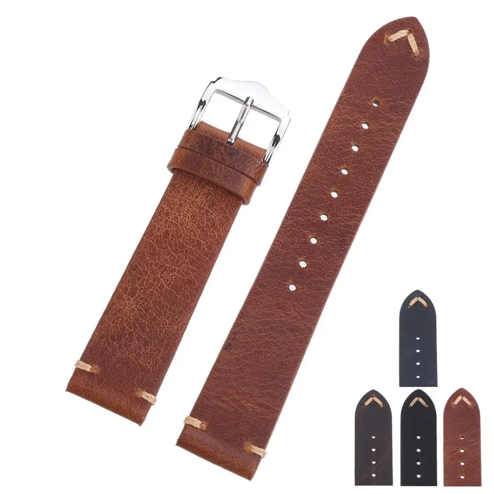 

EACHE Handmade Stitches Leather Watch Band  (More colors) Oil Taxed Leather Band Watch, Black;brown;blue;red;light brown