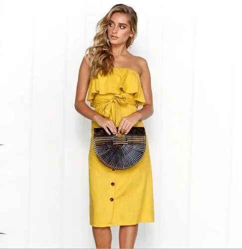 

Elegant Yellow Ruffle Off Shoulder Bow Tie Dress Women 2018 Summer Strapless Buttons Party Dresses Knee-Length Vestidos, Blue/black