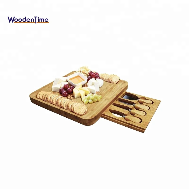 

100% natural Square Cheese Organic Cutlery Set with Drawer & 4 Knife Bamboo Cheese Cutting Board