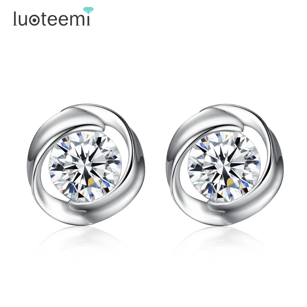 

LUOTEEMI Luxury Women Elegant Accessories 2carat Round 3a Cubic Zirconia 925sterling Silver Rhodium Plated Small Stud Earring