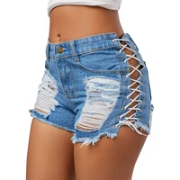 

Sexy Summer Women Denim Shorts New Black Blue High Waist Ripped Short Jeans Femme Tassel Lace Up Bandage Hotpants