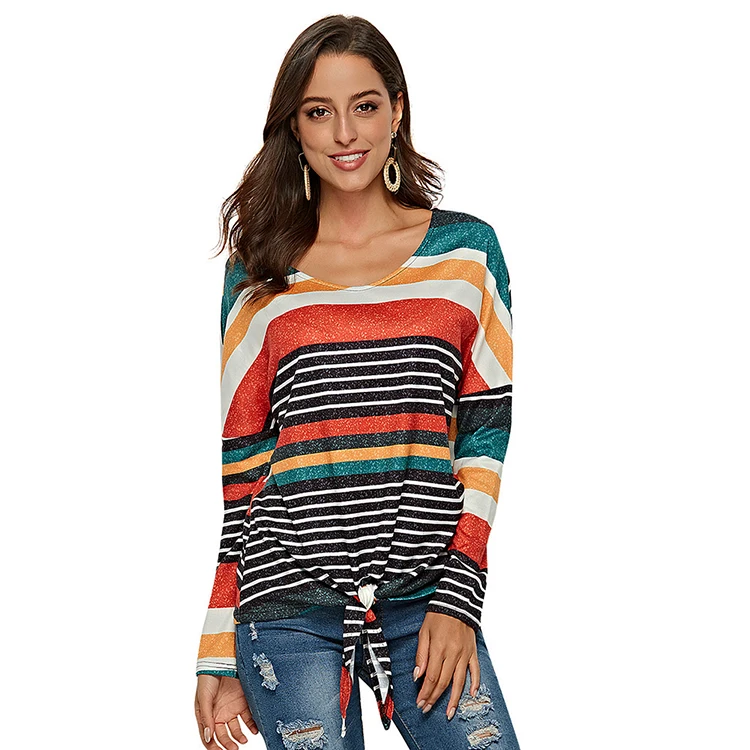 

Wholesale Stripe Print Autumn Long Sleeve Bow-Knot Design Ladies Fashion Blouse