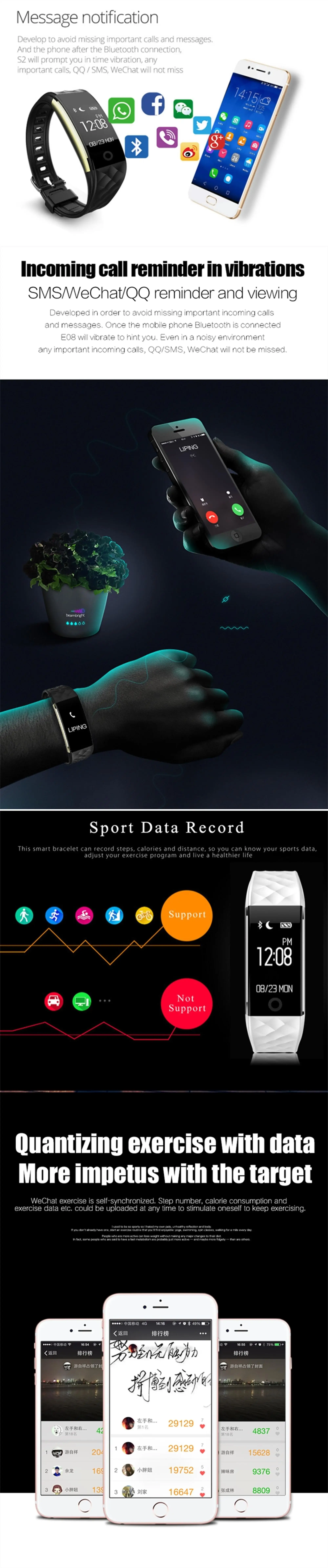 Original S2 Smart Band Wristband Bracelet Heart Rate Pedometer Sleep Fitness Tracker IP67 Waterproof Smart band