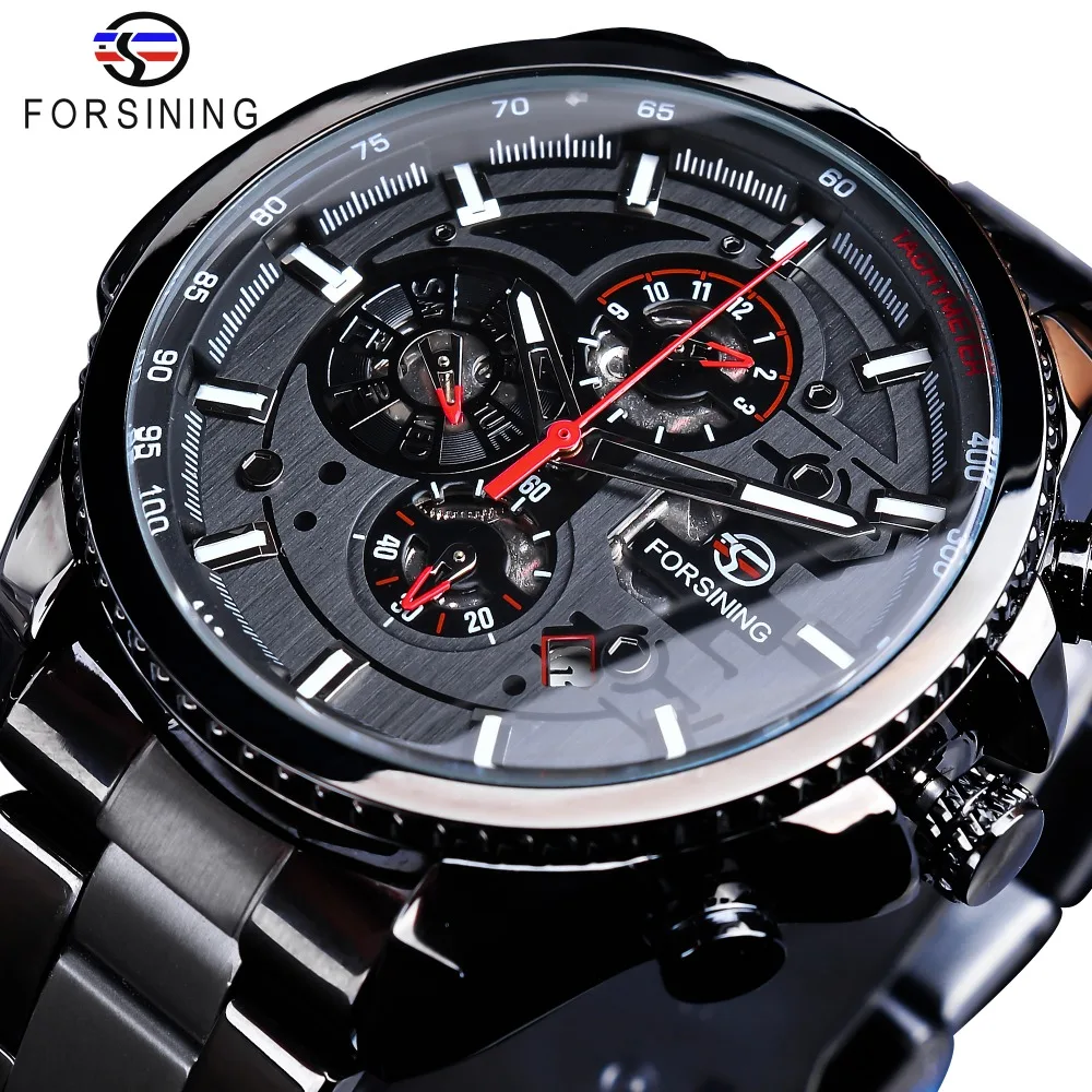 

Top Brand Luxury Forsining Watch Three Dial Calendar Display Black Stainless Steel Men Automatic Wrist Watch Military Sport, 6 colors