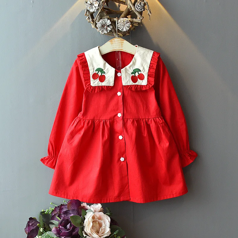 

Cherry girls Dress Children Casual Kids Sweet Birthday Costumes Dresses Long Sleeve Korean style girl dress, As picture