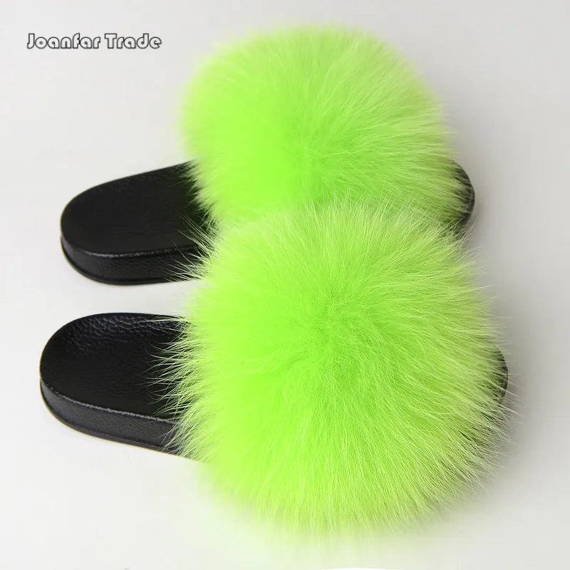 

New Soft Rubber PVC sole real Fox/raccoon fur Slippers slides furry Fox Fur Slides