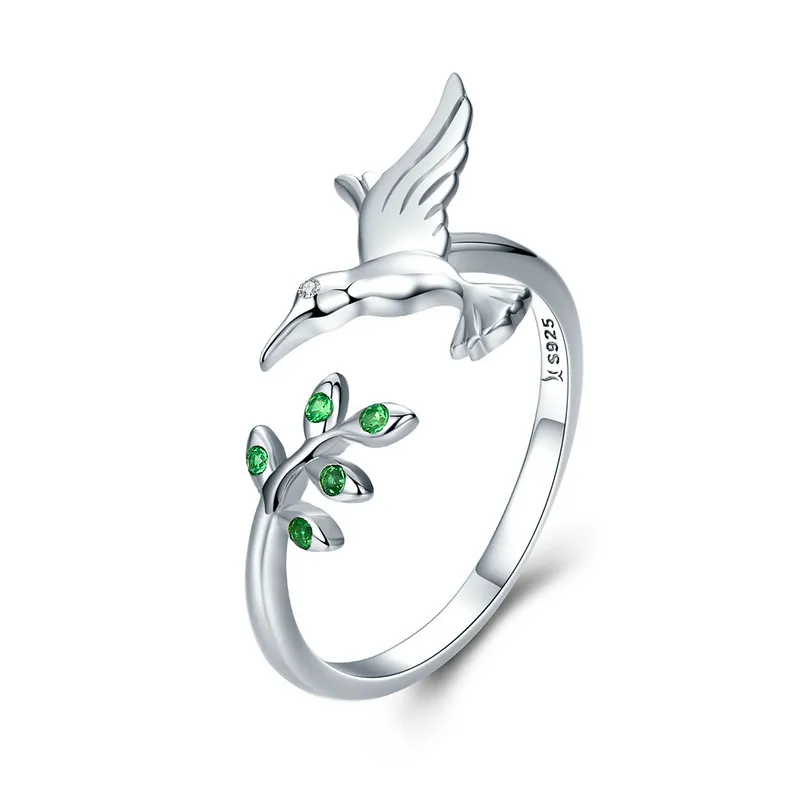 

New Trendy Bird & Spring Tree Leaves 925 Sterling Silver Open Size Finger Ring