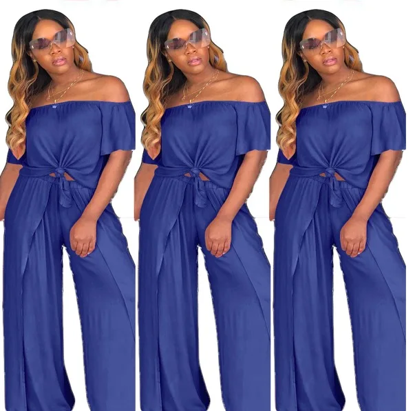 2019 Summer Women Off Shoulder Crop Top Wide Leg Pants Fashion Romper Jumpsuit Two Piece Set