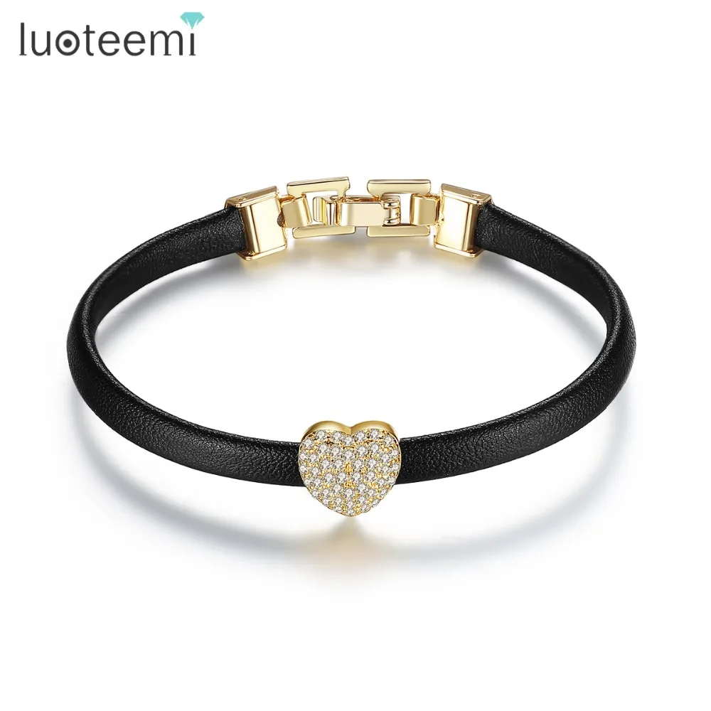 

LUOTEEMI Gold Color Popular Cubic Zirconia Heart Beads PU Leather Charm Bracelets & Bangles
