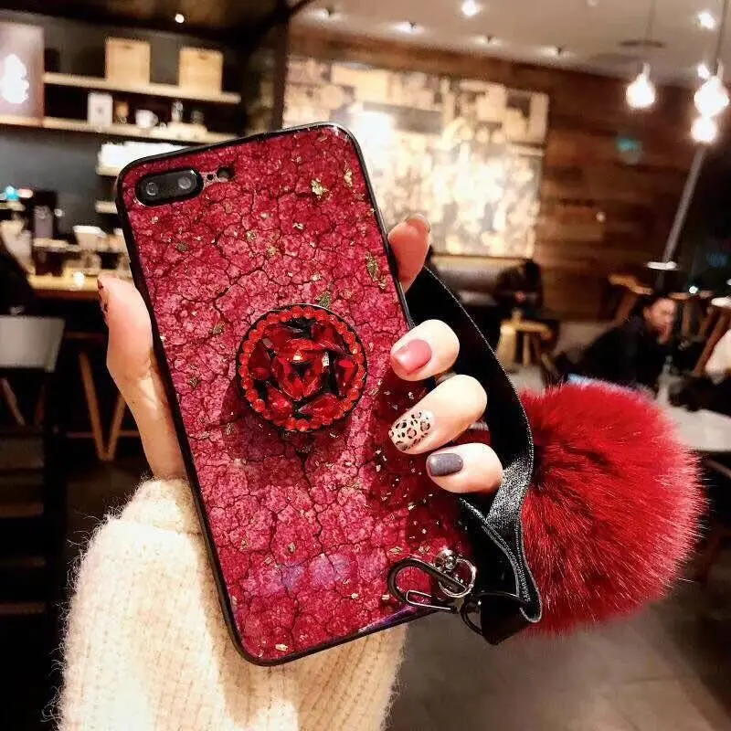 

Free Shipping Marble Case For iPhone XR X XS MAX 7 8Plus Glitter Shine Cover Stand Strap Fur Ball, Colorful