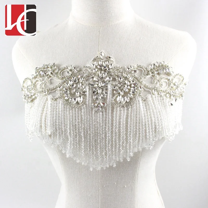 

HC-6022 Hechun Hot sale slash neckline fringe bridal crystal applique, Clear