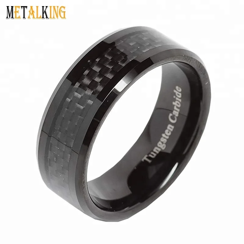 

IP Black Mens Wedding Band Tungsten Carbide Engagement Ring with Black Carbon Fiber Beveled Edge Comfort Fit