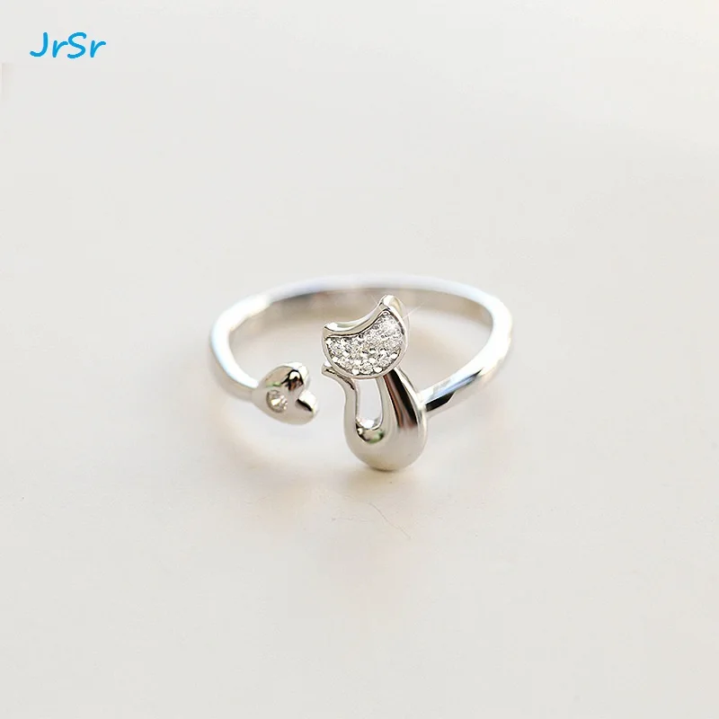 

Chic diamond charm cat shape and heart shape Resizable 925 sterling silver finger ring for girlfriend gift