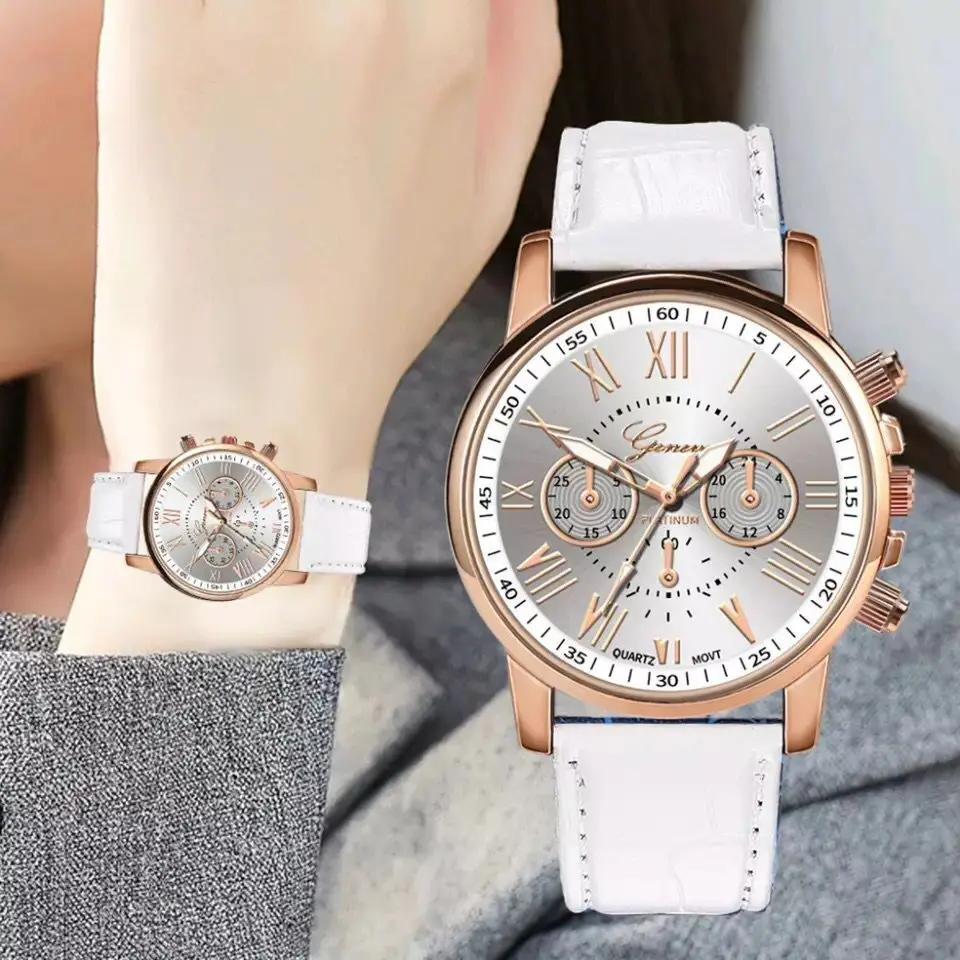 

Geneva Luxury Brand Lady Casual Watch Leather Roman Numerals Big Dial Hour Analog Quartz Wrist Watches, 12 different colors as picture detail
