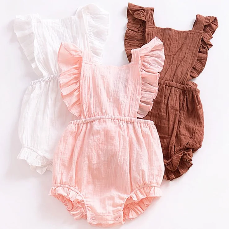 

Boutique New born Baby Girls Flutter Ruffle Romper Blank Onesie Baby Clothes Cute Plain Baby Linen Bubble Rompers, White;pink;brown