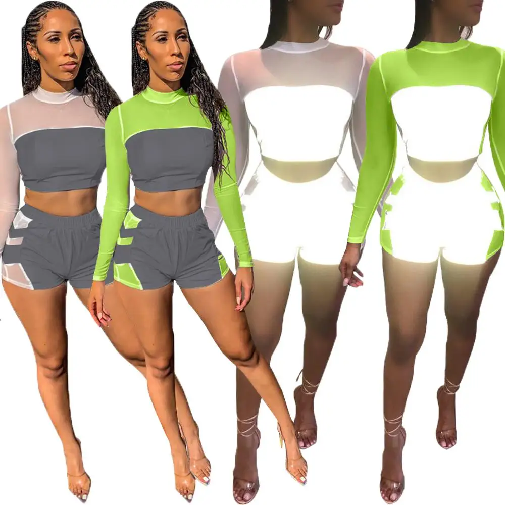 Wholesale women fashion reflective shorts and crop top two piece TB3327