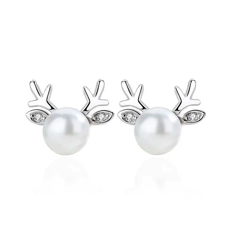 

christmas jewelry AliExpress hot Korean cute temperament elk pearl earrings 925 sterling silver pearl stud earrings, White