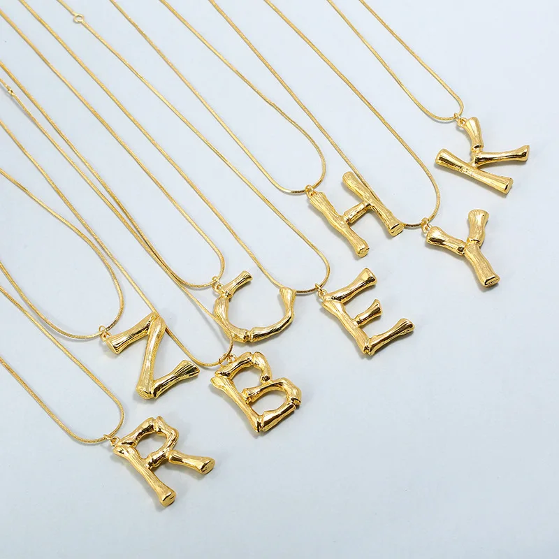 Statement Bamboo Metal Alphabet A-Z Pendant Necklace Hammered  Gold Plated Letter Z Initial Alphabet Necklace