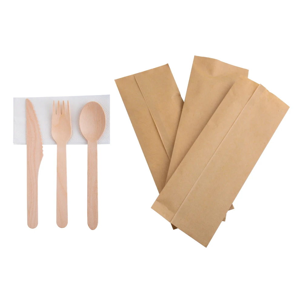 

DSYP01 16cm Knife Fork Spoon Set Brown Paper Bag Includes Napkin Wooden Disposable Cutlery