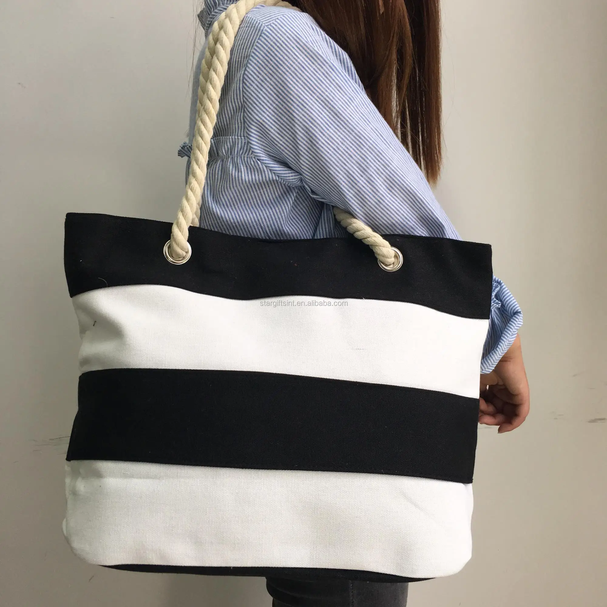 Women Ladies Large Eco Custom Wholesale Stripe Canvas Beach Tote Bag ...